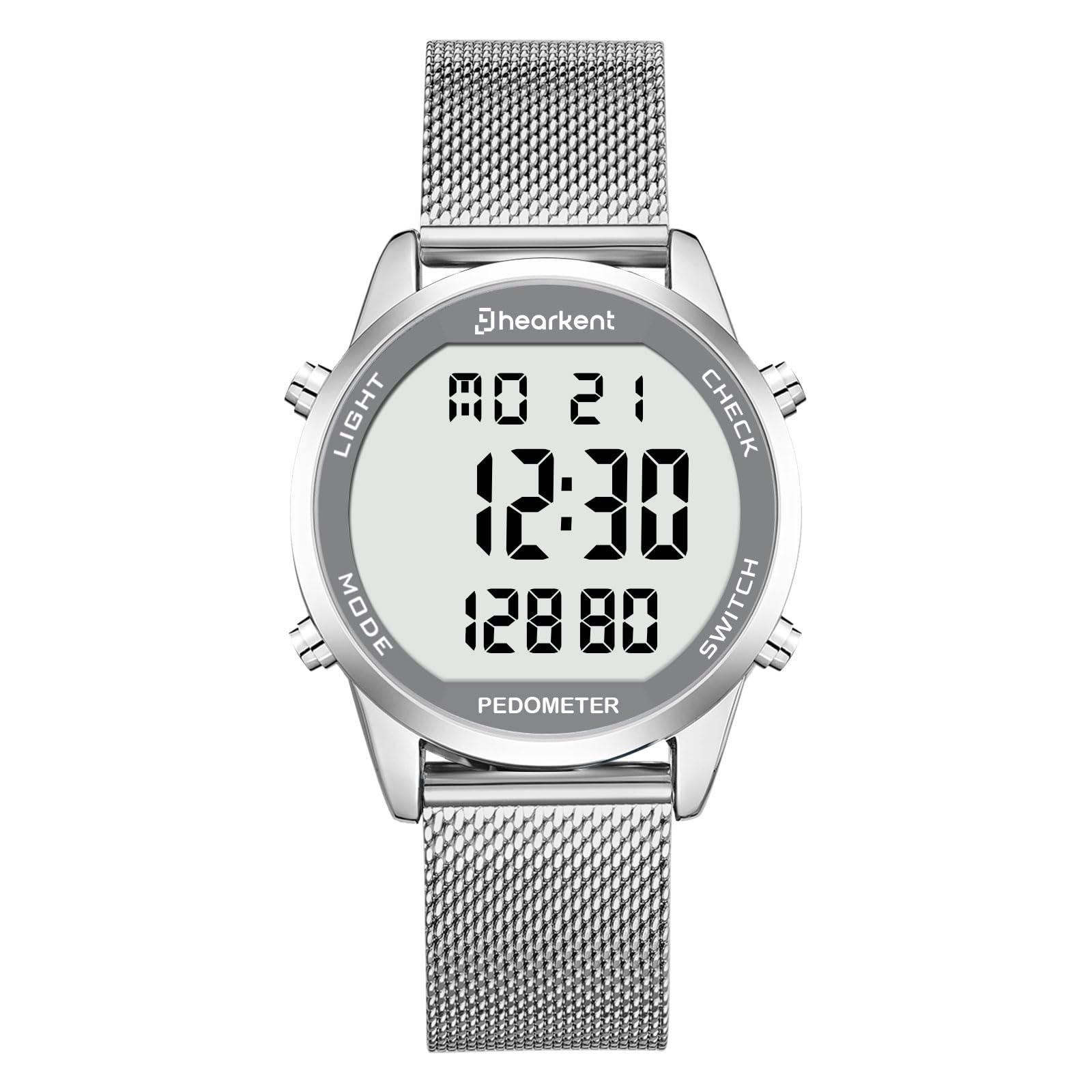 Hearkent Orologio digitale da uomo, impermeabile, con contapassi, sveglia, calorie, distanza, sveglia, conto alla rovescia, cinturino in acciaio inox