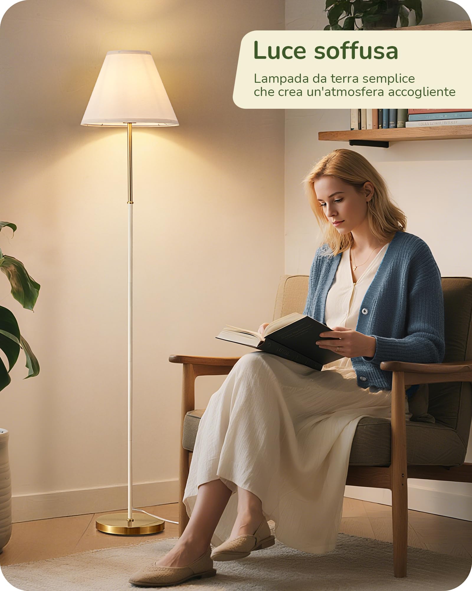 EDISHINE Lampada da Terra Retro per Soggiorno, Paralume in Cotone-Lino e Struttura in Metallo, Lampadina LED 2700K Inclusa, Lampada E27 per Cameretta, Camera da Letto e Angolo Lettura, Bianco