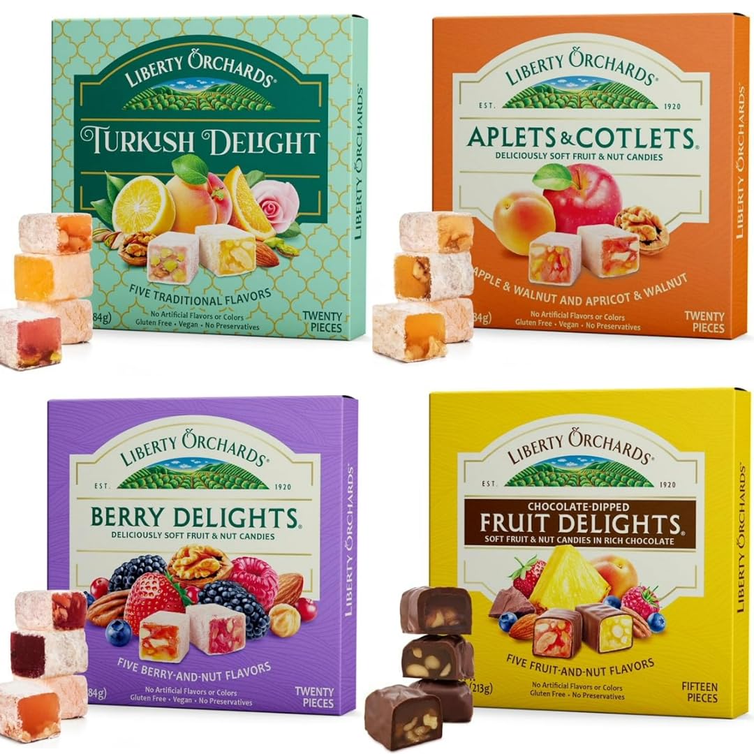 Liberty Orchards Variety 4 Pack | Chocolate Dipped Fruit Delights, Turkish Delight, Aplets & Cotlets, Berry Delight | Gluten Free, Vegan