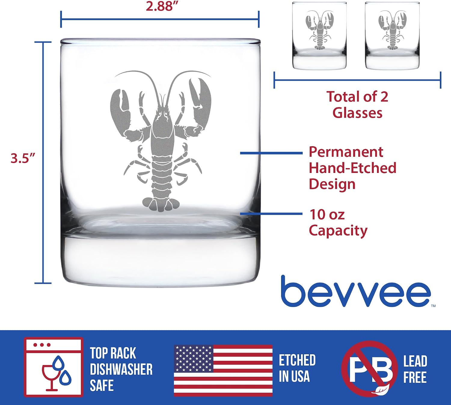 Bevvee Lobster - Whiskey Rocks Glass - Lobster Gifts, Maine Souvenirs and Decor - Set of 2-10.25 oz