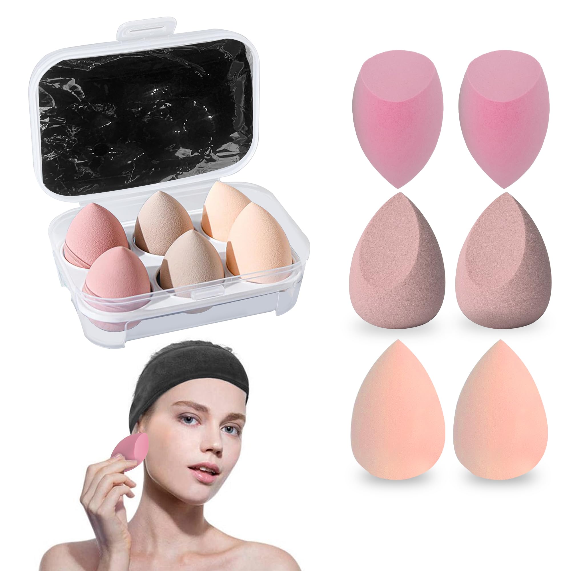 6 Esponjas Maquillaje + Diadema + Estuche de Almacenamiento – Esponjas para Base Maquillaje, Corrector, Colorete – Sin Látex – Esponjas Maquillaje Cara Profesional (Set 6 esponjas + Diadema)