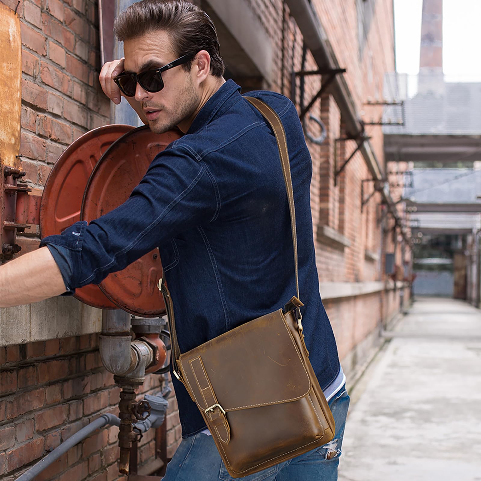 TIDING Leder Umhängetasche Herren Klein Schultertasche Vintage Herrentasche 9,7 Zoll iPad Tasche Messenger Bag aus Echtleder Tragetasche für Männer, Hellbraun