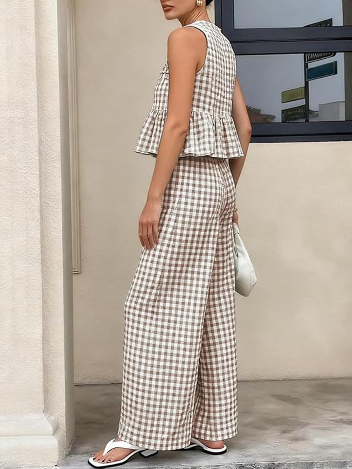 Womens 2 Piece Gingham Plaid Set Sleeveless Ruffle Tank Top Wide Leg Pants Summer Matching Lounge Outfits