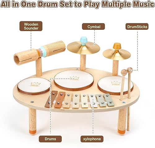 Miniatura 2 de Vanplay Juego de batería para niños pequeños – Juguetes para niñas de 2, 3, 4 años, regalos para niños – 9 en 1 Instrumentos musicales Montessori
