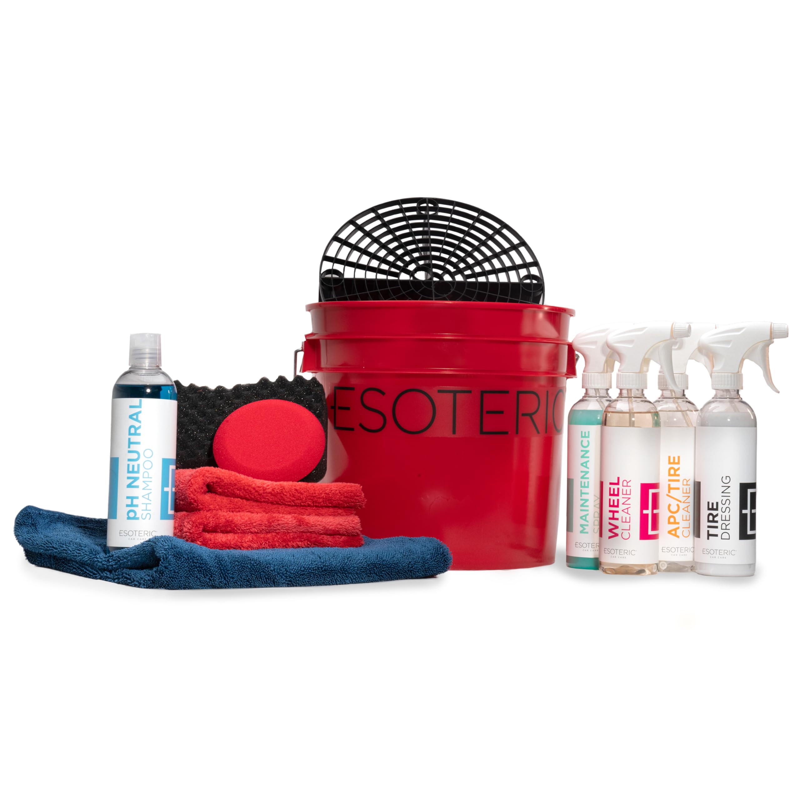 Esoteric Best Car Cleaning Kit | 12 Tools & Supplies | Bucket with Guard, Premium Microfiber Towels, Japanese Wash Sponge, pH Neutral Shampoo, Ceramic Spray, Wheel Cleaner, Tire Shine