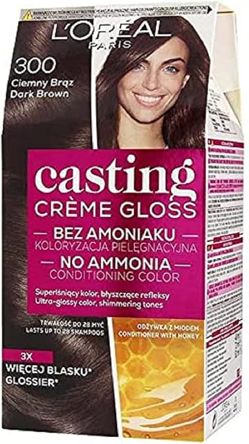 Casting L'Oréal Paris Crème Gloss Semi-Permanent Hair Dye, Ammonia-Free Formula and Honey-Infused Conditioner, Glossy Finish, Colour for Up to 28 Shampoos, 300 Darkest Brown, 1 Count (Pack of 1)