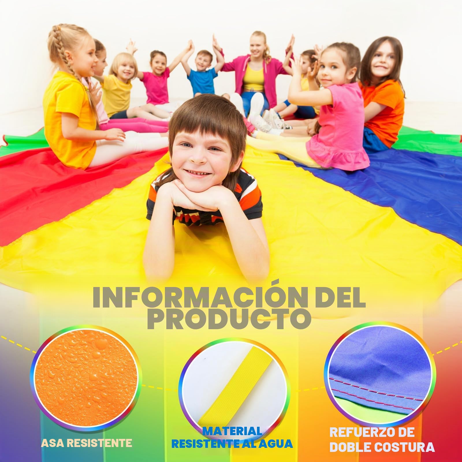 Paracaidas Infantil con 20 Bolas Paracaidas Ø300 cm - Juegos Grupales de Interior y Exterior para Escuelas y Fiestas de Cumpleaños Infantiles (Diámetro 300 cm)