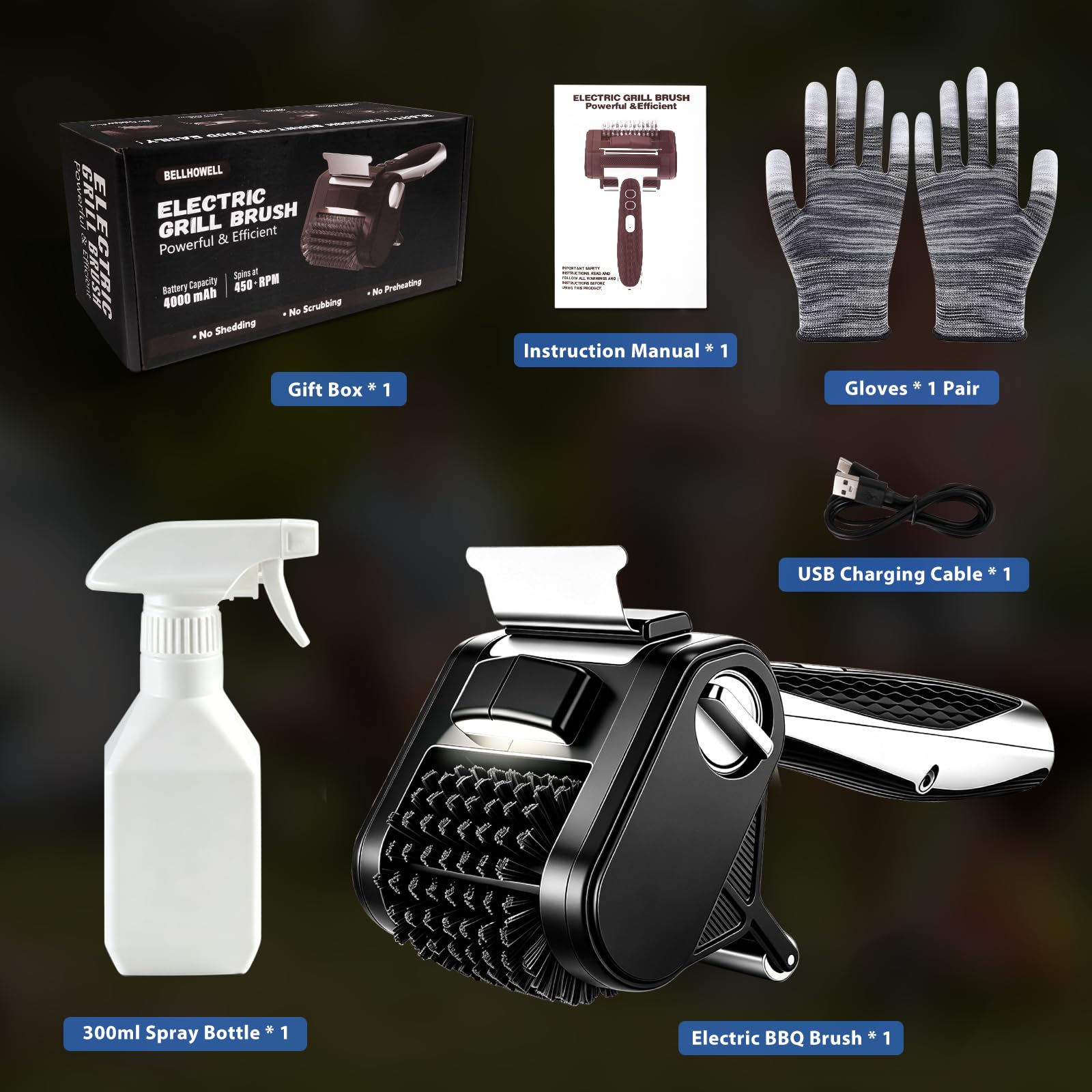 Brosse Électrique pour Barbecue, Brosse Nettoyante Électrique Barbecue sans Fil avec Tête et Grattoir en Acier Inoxydable, 450 TR/Min, 150 Min Autonomie, Gants et Flacon Pulvérisateur Inclus