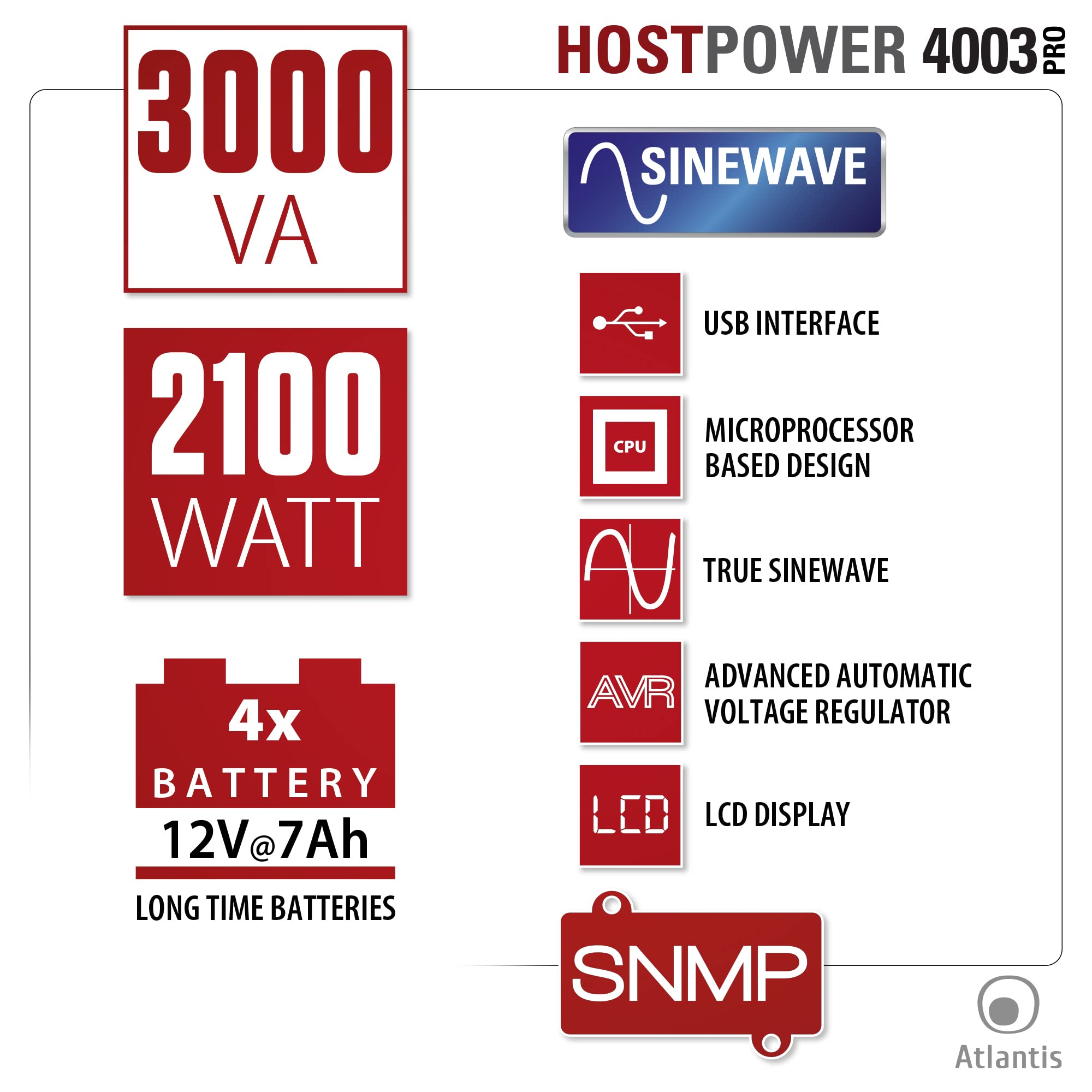 Atlantis A03-HP4003P Sistema de alimentación ininterrumpida Onda sinusoidal Pura 3000VA 2100W Line Interactive, Pantalla LCD, USB-HID, 6 Salidas IEC, 4 baterías 12V 7Ah, RS232, Ranura SNMP, Software