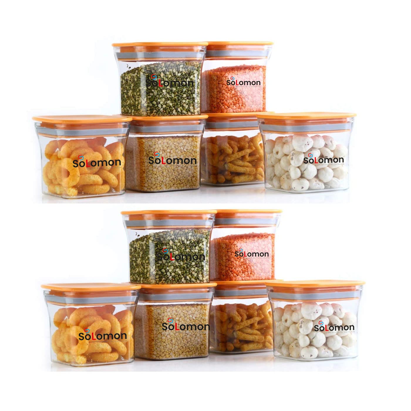 Solomon Plastic Kitchen Fridge Container Transparent Jar Airtight Food Grade Quality Product Used for Daily Storage Spices Dryfuit Tea Salt 600ml (Pack of 12 Orange)