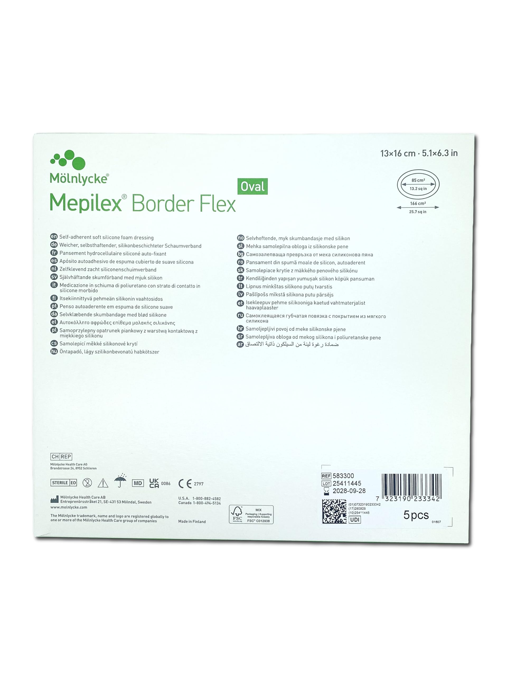 Mepilex Border Flex Oval 13 x 16 cm (5 Pezzi) – Medicazione in Schiuma di Silicone Flessibile – Tecnologia Safetac per Rimozione Indolore – Per Ferite Acute e Croniche – Sterile.