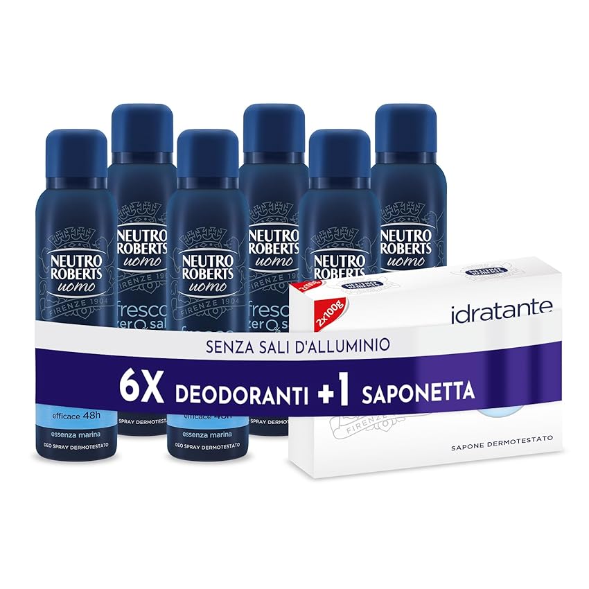 Immagine del prodotto Neutro Roberts, Deodorante Uomo Spray Fresco Essenza Marina, Efficace per 48h, Protezione Naturale con Note Floreali, Deodorante Uomo e Donna, Dermatologicamente Testato - 6 Flaconi da 150 ml