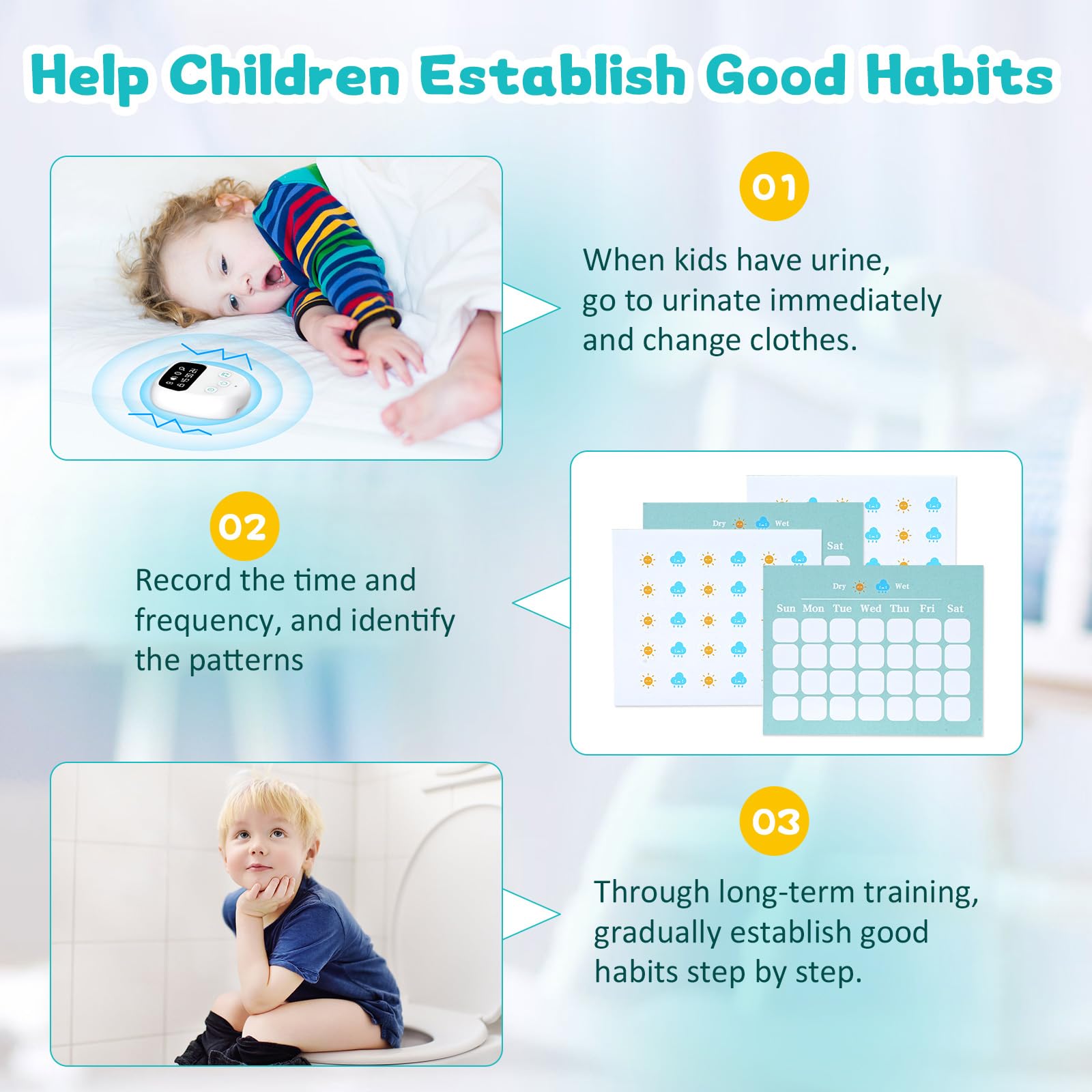 Réveil Anti-Pipi Au Lit sans Fil pour Enfants, Haute Sensibilité, Rechargeable USB, 3 Modes: Son Et Vibration, Capteur De Rééducation Nocturne pour Enfants Et Personnes Âgées