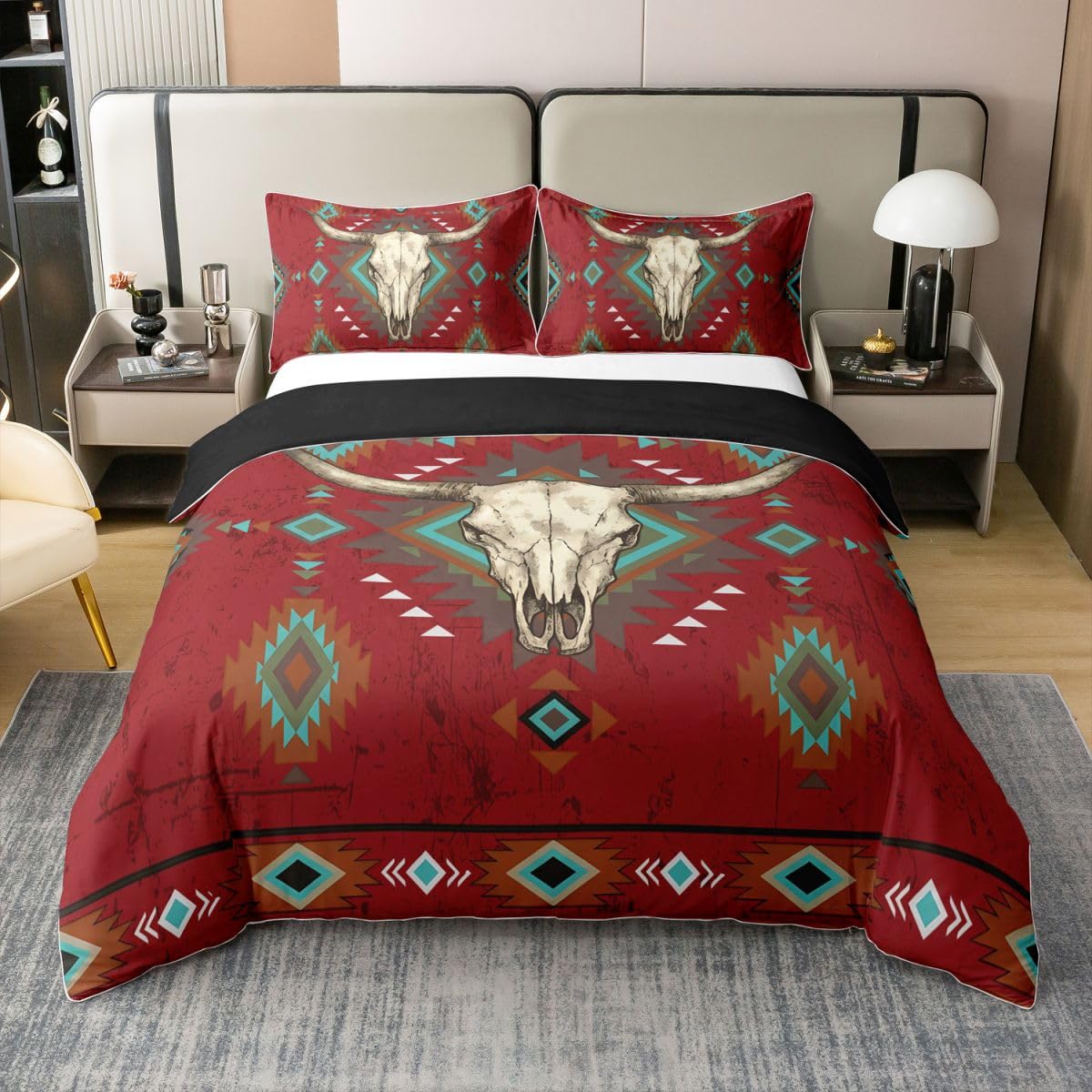 Housse de couette 140x200 coton crâne de taureau avec sa parure de lit style western sud-ouest boho