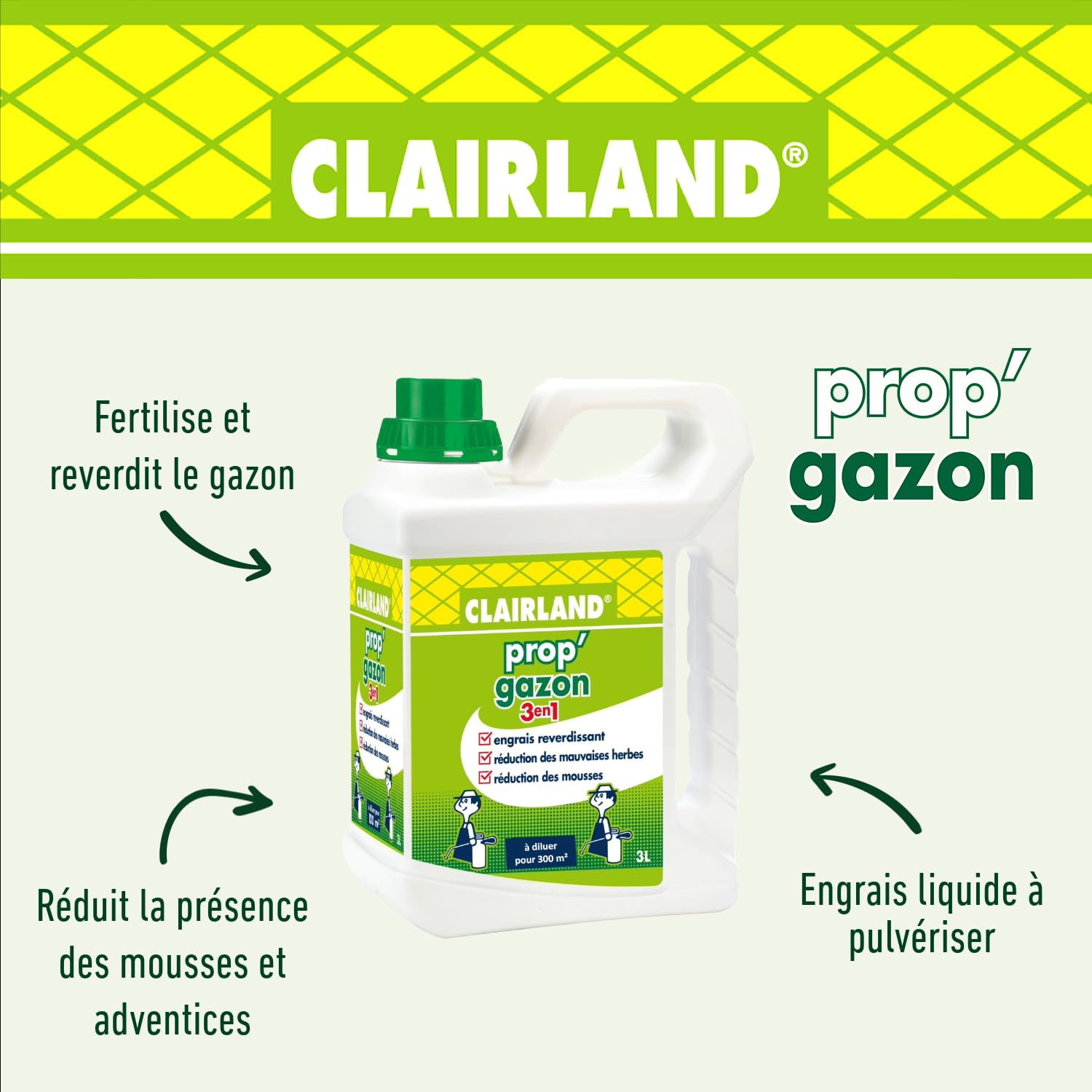 CLAIRLAND Engrais Prop'Gazon 3 en 1, A diluer, Pour 300 m², 3 L, CLAIRGAZ3000