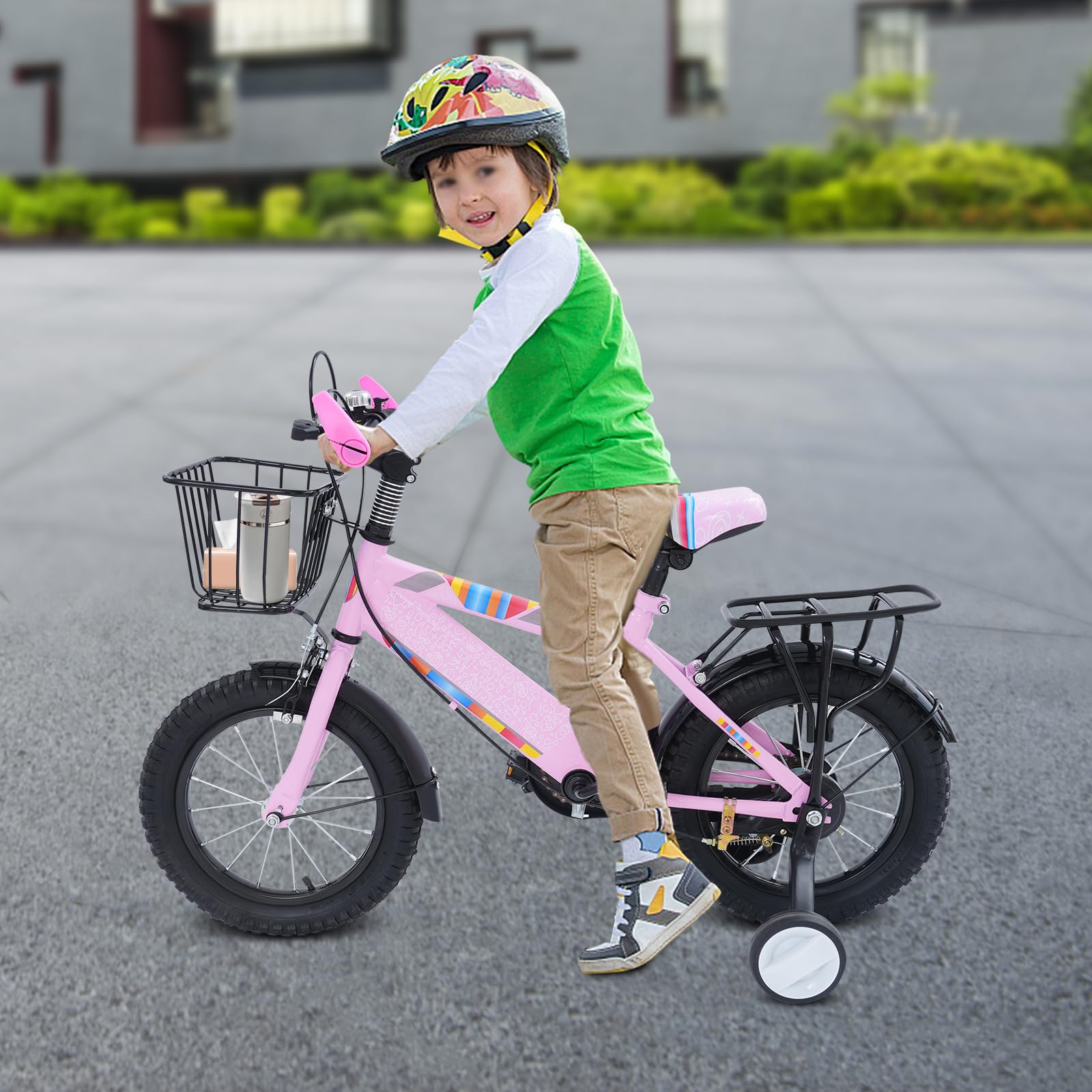 14 Zoll Kinderfahrrad, Jungen und Mädchen Fahrrad Kinder mit Stützrädern und Korb, Klingel, Höhe Einstellen Kinder Fahrrad, Trainingsfahrrad für 3-6 Jahre Jungen und Mädchen