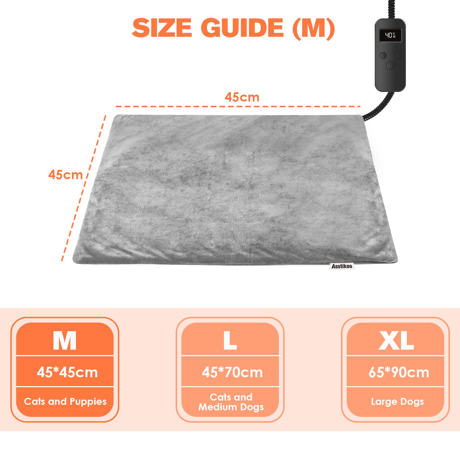 Tappetino Riscaldante per Gatti Cani, 45 * 45cm Tappeto Riscaldante per Gatti Cani con 12 Timer& 6 Livelli Temperatura da 30-55℃, Tappetino Termico Gatto Anti-morso Impermeabile