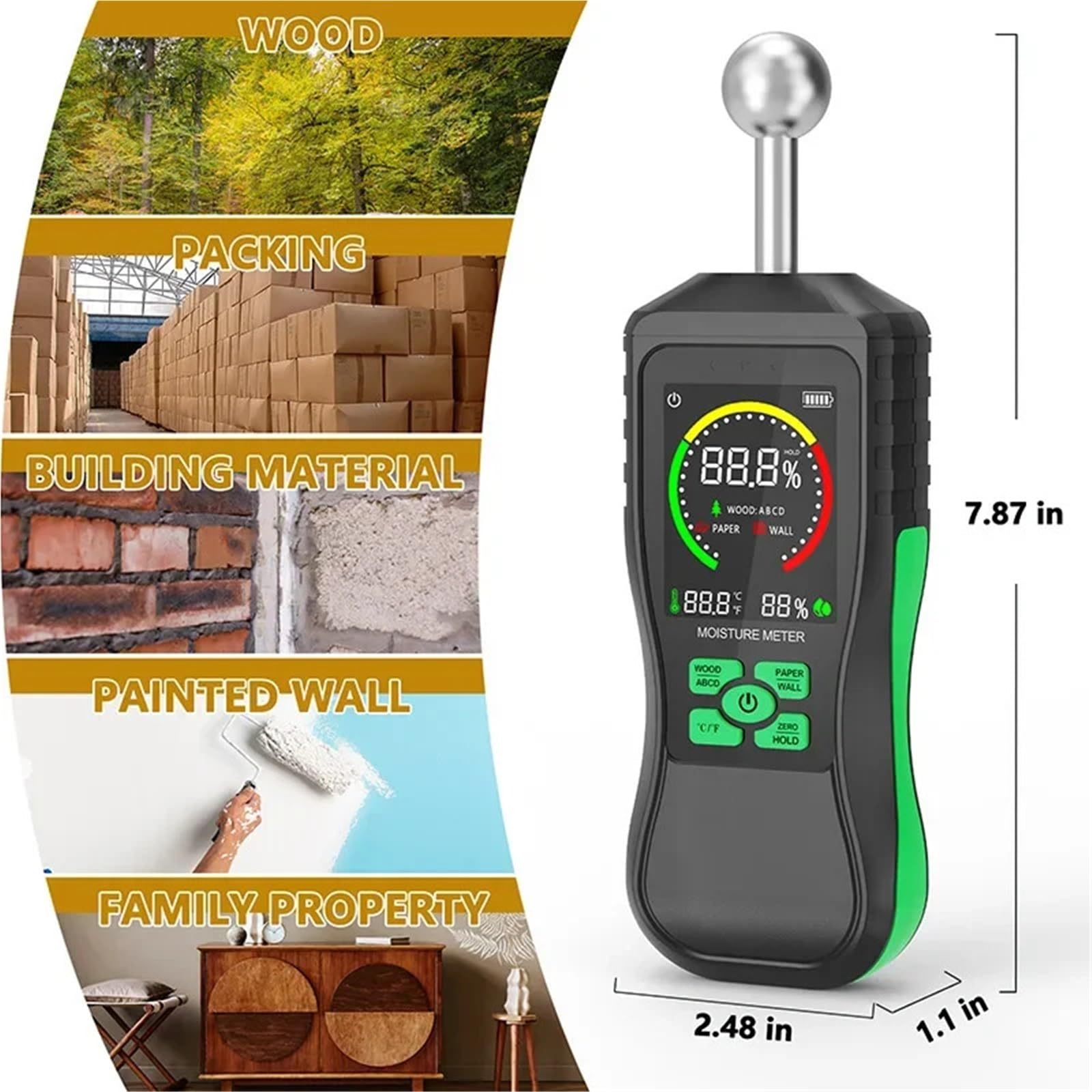 Wilgotnościomierz, Cyfrowy miernik wilgotności drewna Bezkontaktowy detektor wilgoci Higrometr z ekranem LCD Alarm Tester Detektor kulkowy