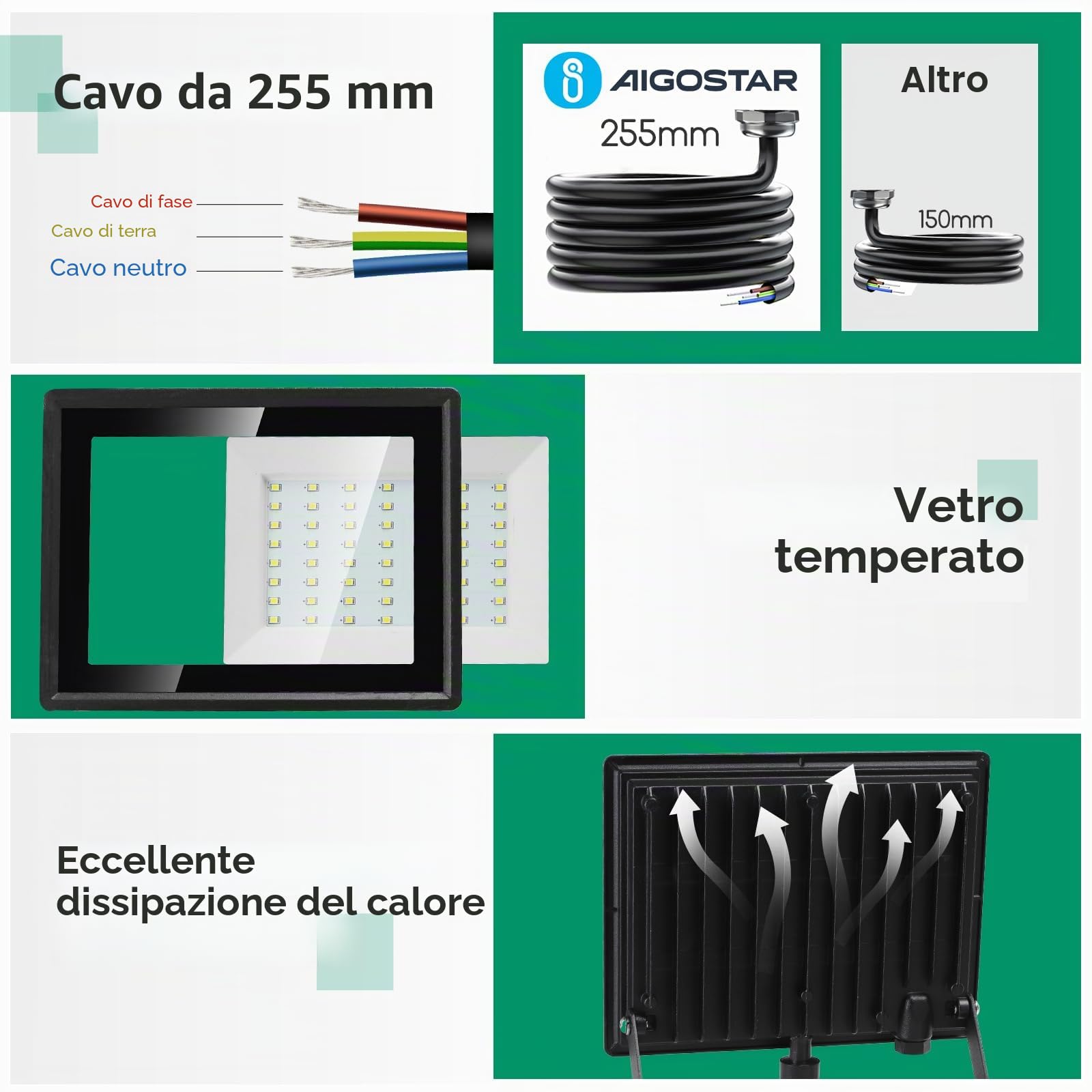 Aigostar- 6 Pz Faretto Led da Esterno con Sensore di Movimento,50W 4300LM Faro LED Esterno,Bianco Freddo 6500K,IP65 Impermeabile Faretti LED per Giardino, Cortile,Patio,Garage