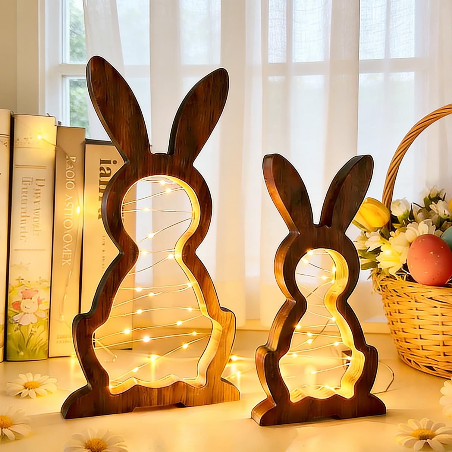 2 Stück LED Osterhase Holz, Osterdeko Holz Hase Deko mit Drei Lichteffekte, Modern Ostern Deko Aus Holze mit Lichterkette, Osterhase Osterdeko Innen Outdoor, Frühlingsdeko Garten Tisch Dekoration
