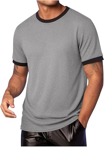 Mens Crewneck Sweatshirts Color Block Texture T Shirts Short Sleeve Casual Pullover Shirt Loose Fit Vacation Tee