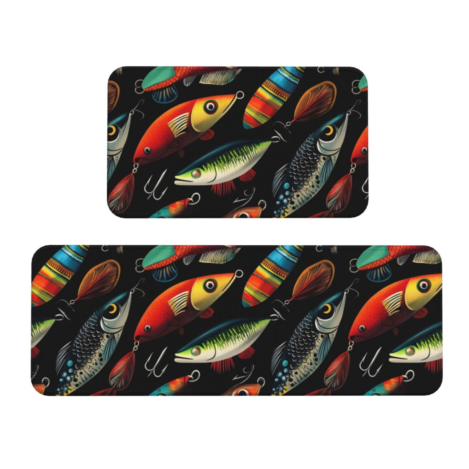 GVYGVY Antifatigue Kitchen Mats for Floor 2 Piece - Colorful Fish Hook 1 Print Kitchen Rugs Washable, Non Slip Runner Rug Standing Mat for Office/Bathroom/Laundry/Home Decor and Accessories
