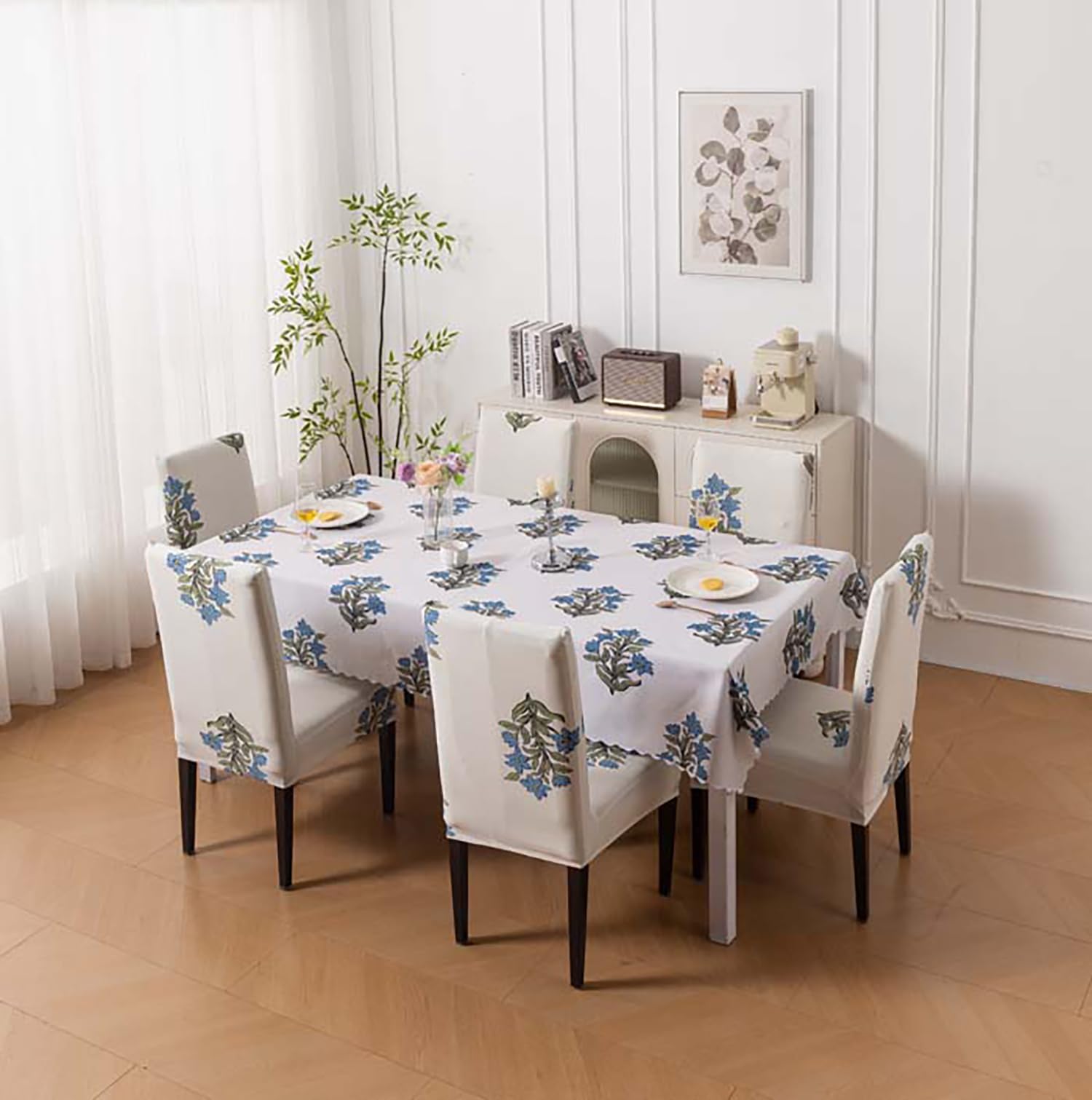 House of Quirk Dining Table Cover Waterproof with 6 Chair Covers for Kitchen Dining Table Cloth Dust and Oil Repellent (Beige Wildflower, 1 Table Cover + 6 Chair Cover)