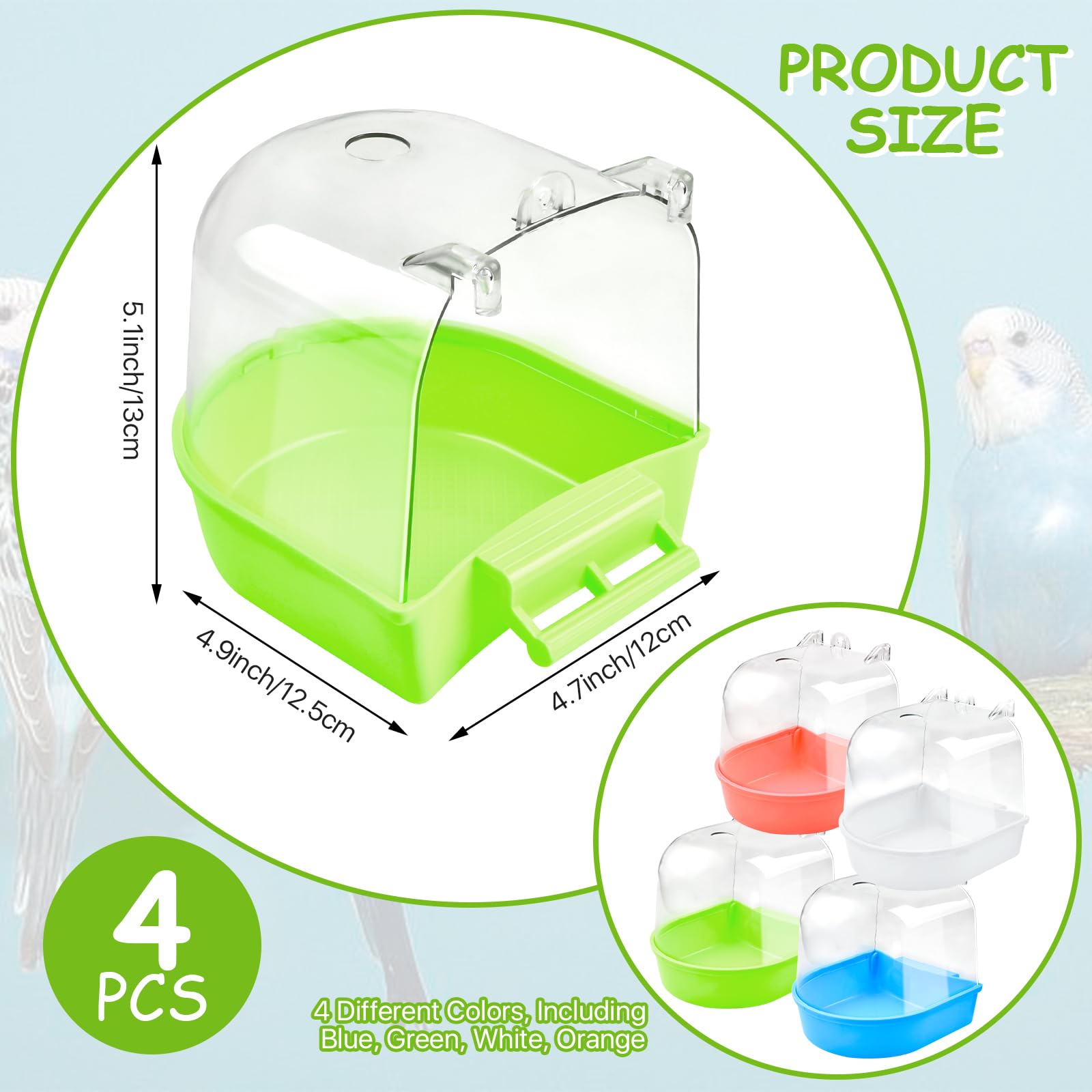 Supkiir 4Pcs Clear Bird Bath for Cage, Parakeet Bath Cage Accessories with Water Injectors, Hanging Bird Bath Box Parrot Bird Bathing Tub for Small Birds Cockatiel Conure Canary Budgies - image 5
