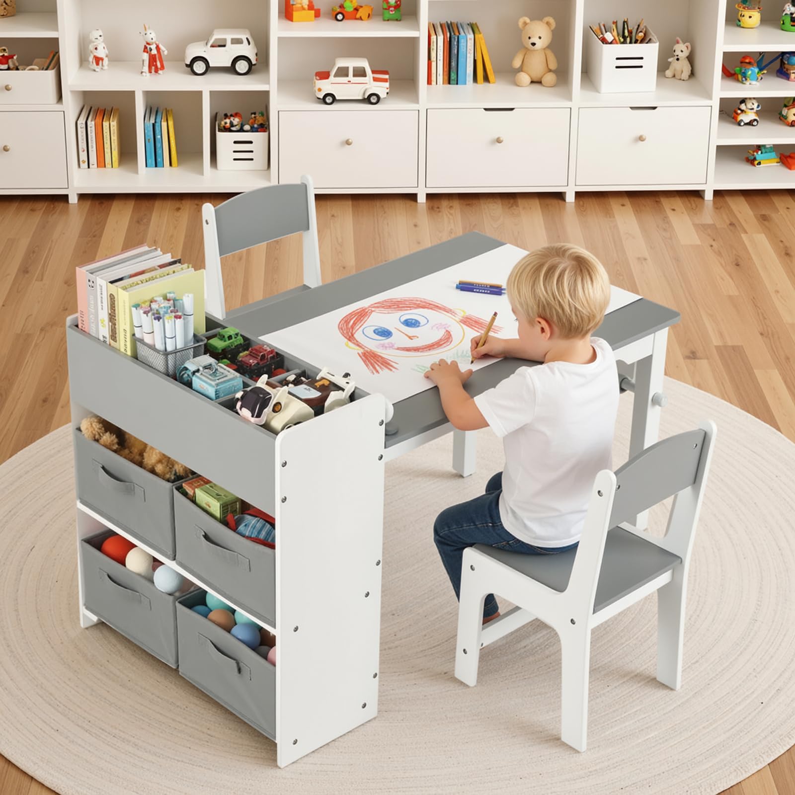 MAMIZO Kindertisch mit 2 PCS Stühlen, Maltisch & Basteltisch Kinder, Tisch & Stühle Kinderzimmer Set, Spieltisch mit Stauraum für Kinder ab 3 Jahren (Grau Weiß)