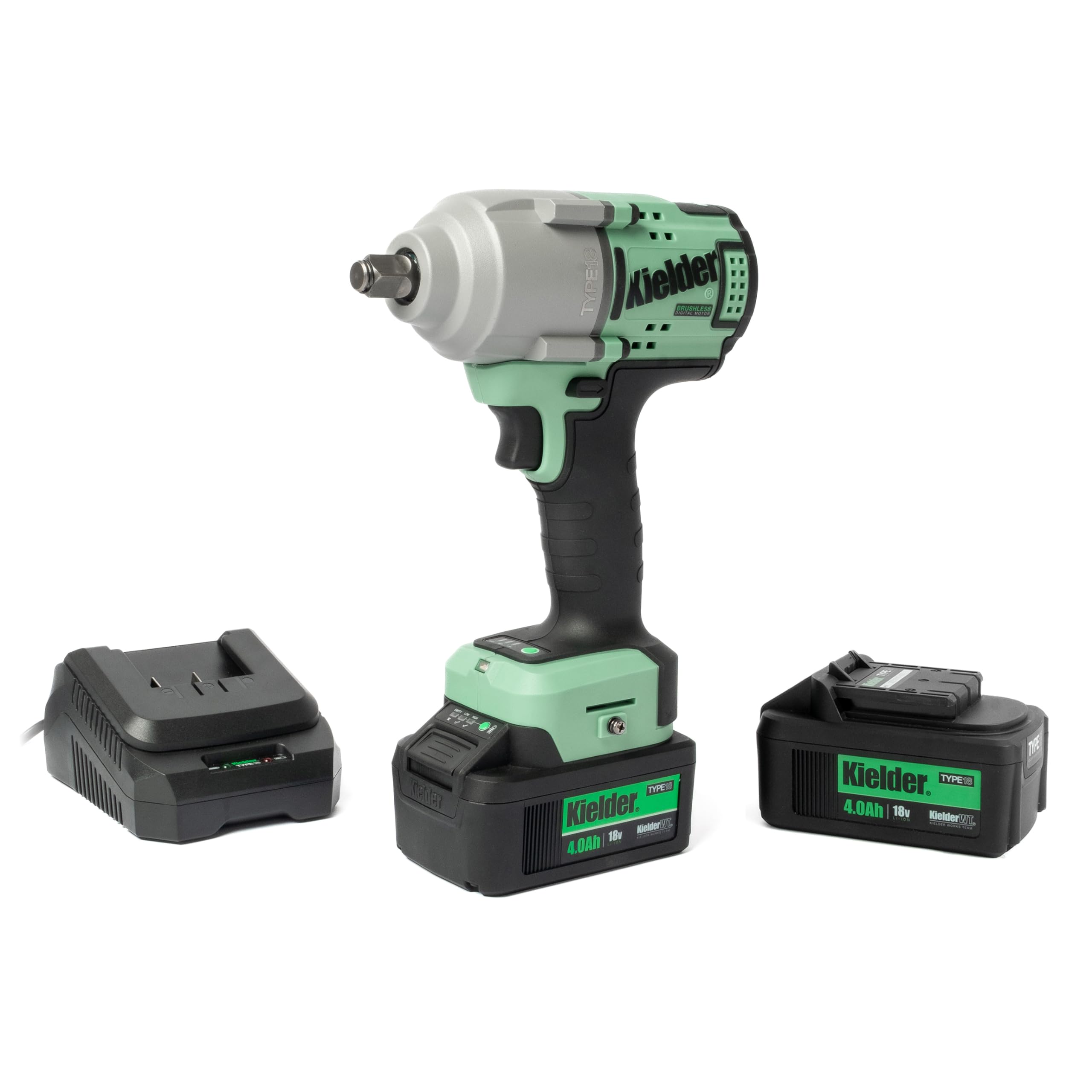 Kielder KWT-180-02 - Kit avvitatore a impulsi senza spazzole senza fili, 1/2", 850 Nm, 2 batterie agli ioni di litio da 4,0 Ah TYPE18, caricabatterie e custodia