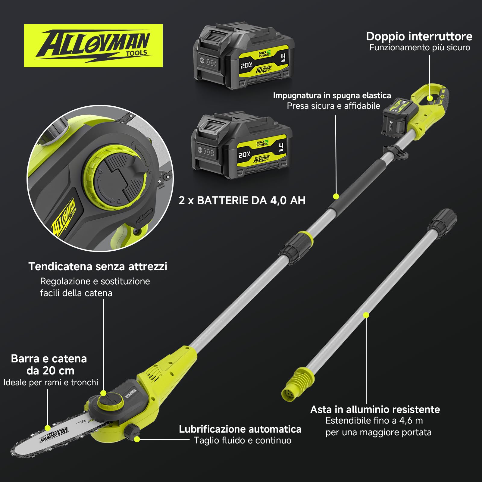 Alloyman Potatore Telescopico a Batteria 20V MAX, sega potatrice elettrica, Sega ad Asta a Batteria, 2 x 4,0 Ah e caricabatterie, Lama da 20 cm, 4KG, Velocità 5,5 m/s, Lubrificazione Automatica