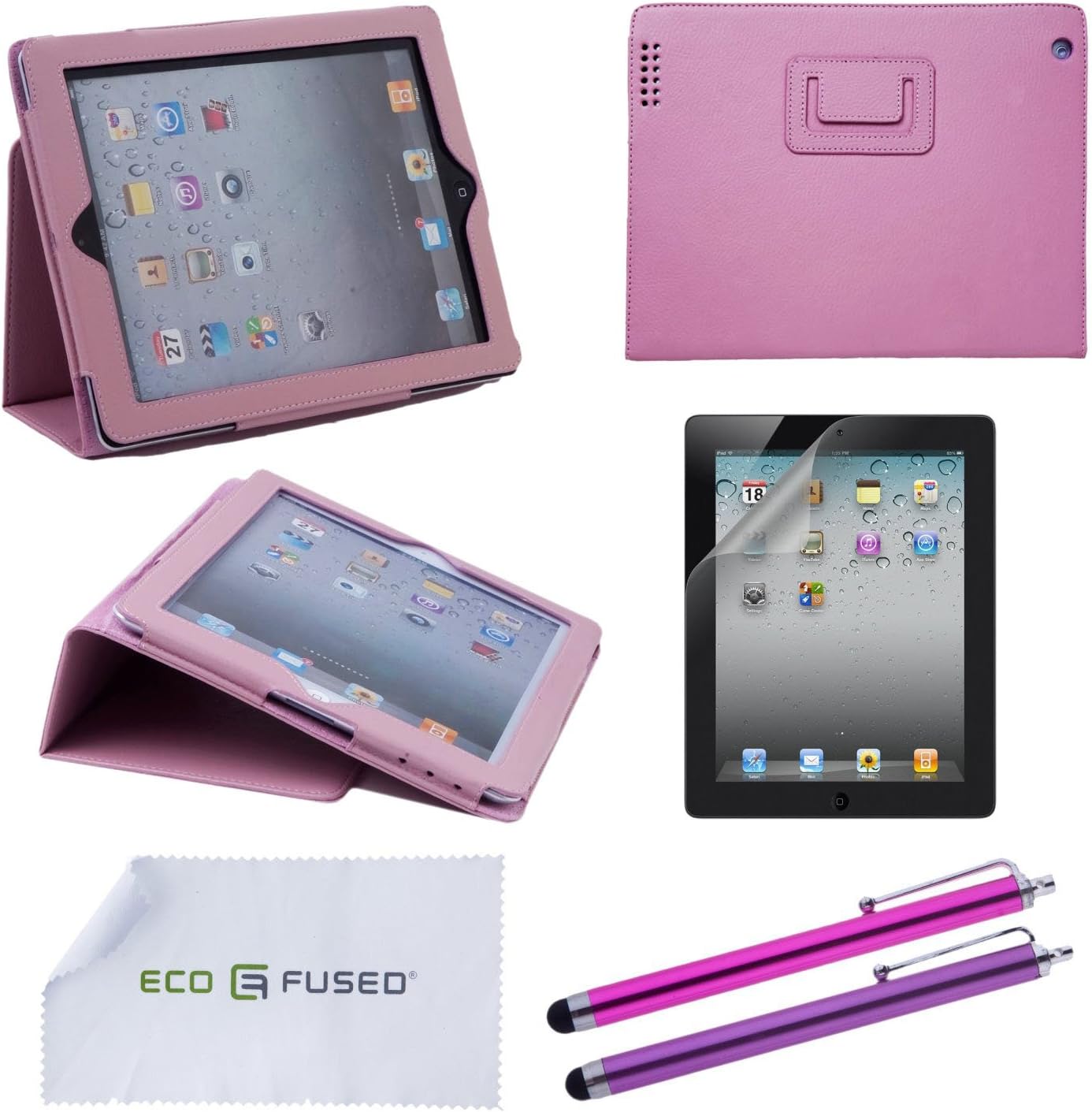 iPad 2, 3, 4 Accessory Bundle Including 1 Faux Leather Stand Case for Apple iPad 2, 3 and 4/2 Stylus Pens / 1 Screen Protector / 1 ECO-FUSED Microfiber Cleaning Cloth (Pink)