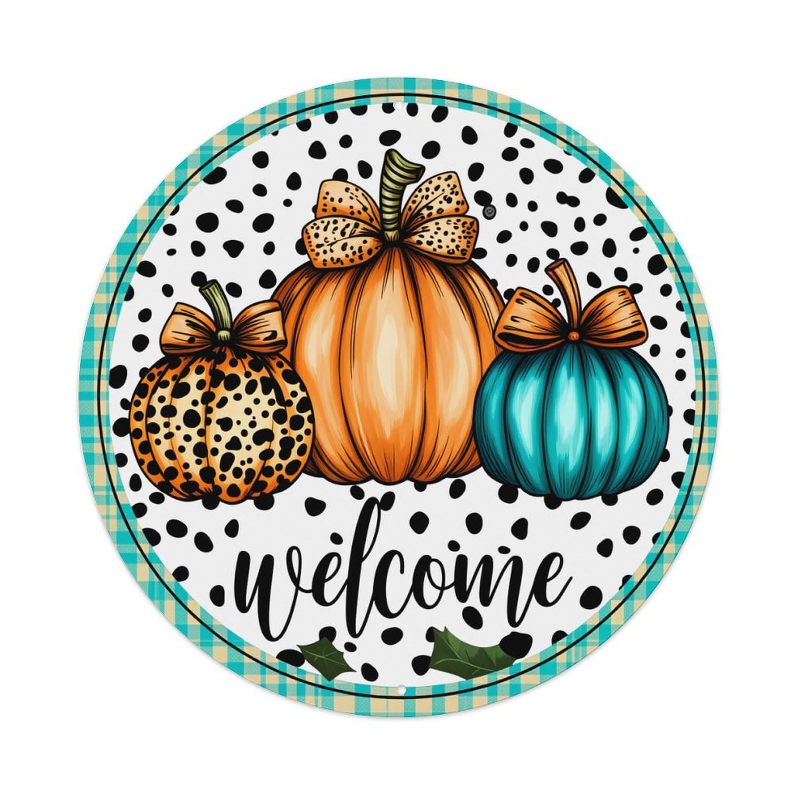 Pumpkin Bow Welcome Pattern Print Round Tin Sign Vintage Metal Poster Retro Bar, Home, Man Cave, Kitchen, Laundry Room Wall Art Decor Gift 8x8In