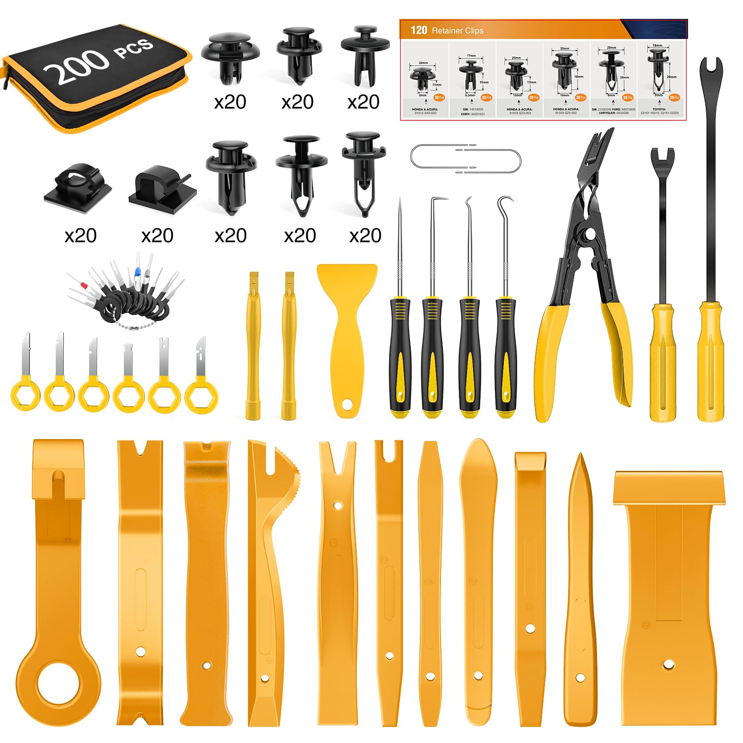 GOOACC 200Pcs Trim Removal Tool, Auto Push Pin Bumper Retainer Clip Set Fastener Terminal Remover Tool Adhesive Cable Clips Round Handle Crowbar Kit Car Panel Radio Removal Auto Clip Pliers, Yellow