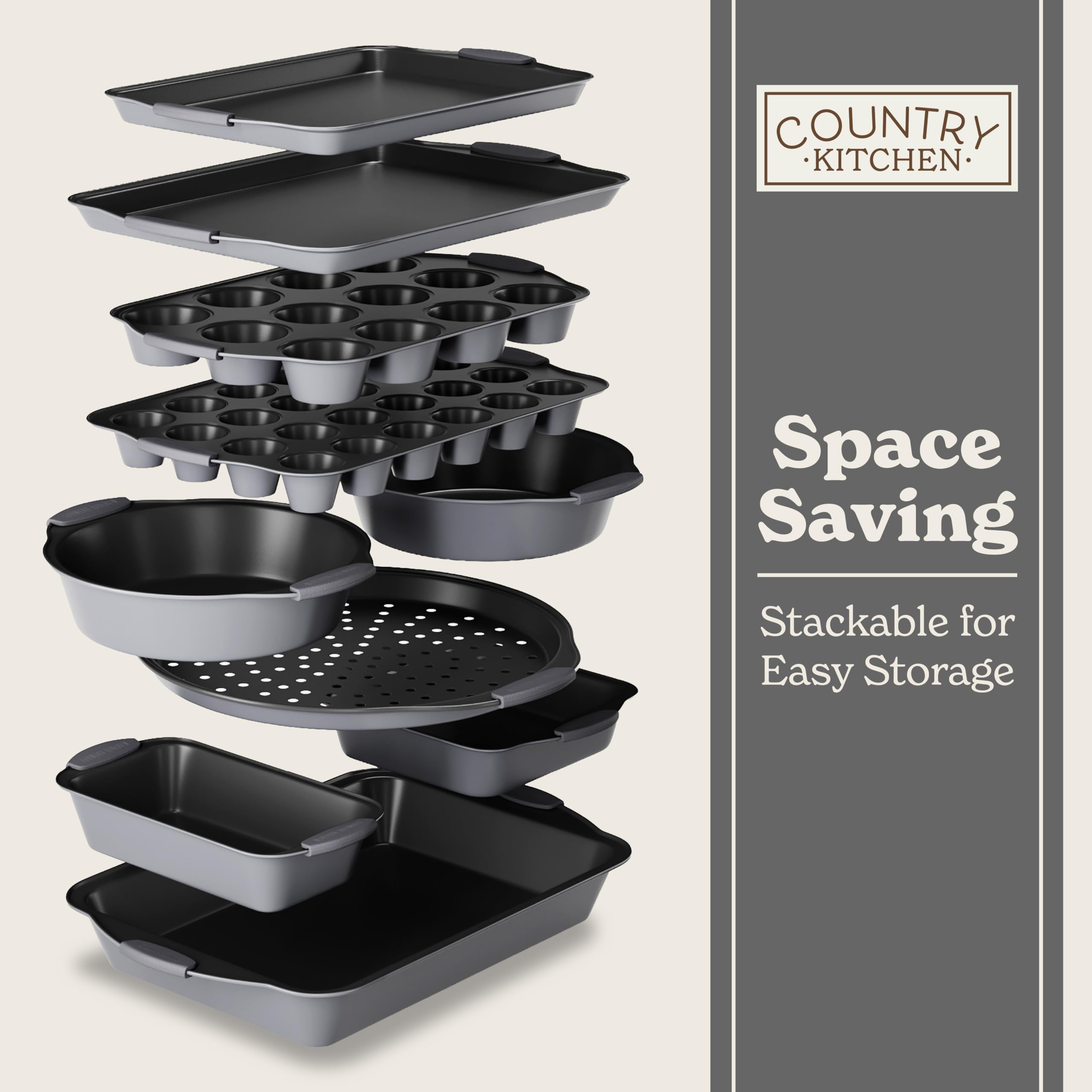 Country Kitchen Stapelbares Backformen-Set mit Antihaftbeschichtung, langlebig, leicht zu lösen, grau, 10 Stück