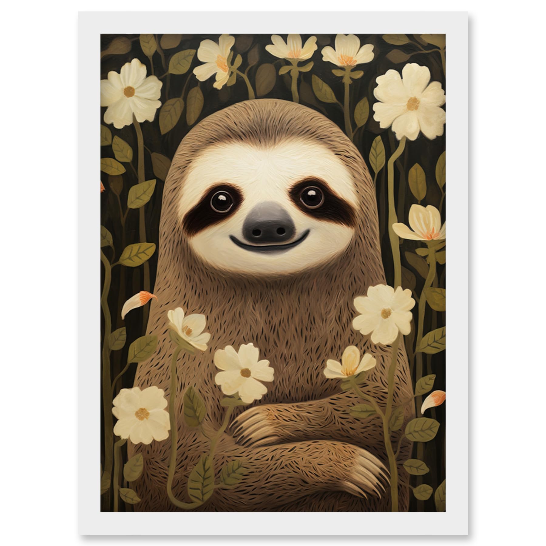 Artery8 Sloth with Jasmine and Anemone Flowers Elegant Artwork Framed Wall Art Print A4