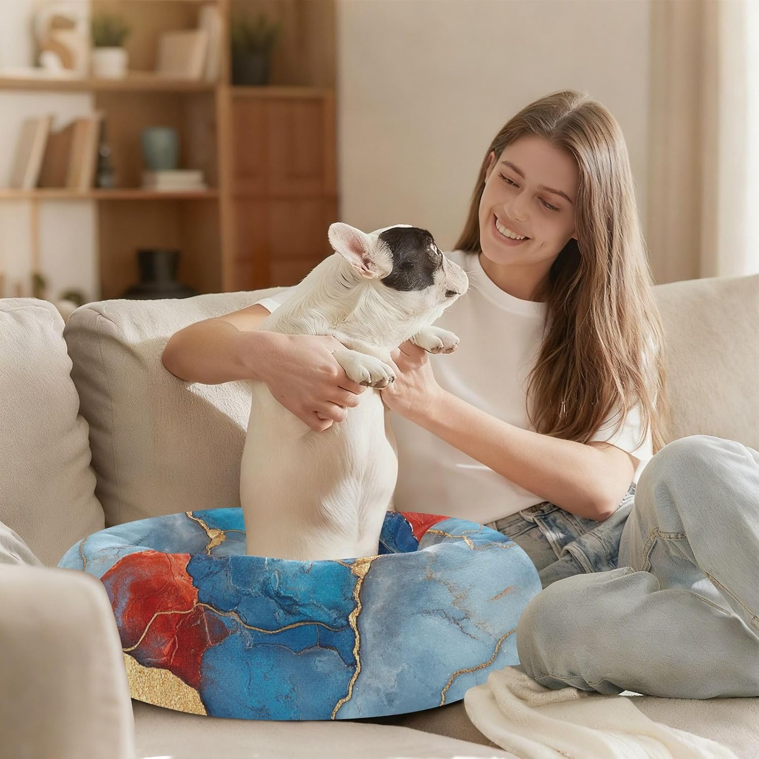 Marble Blue Red Pet Dog Beds Calming Anti Anxiety Cat Pillow Bed for Small Size Pets Sleeping M