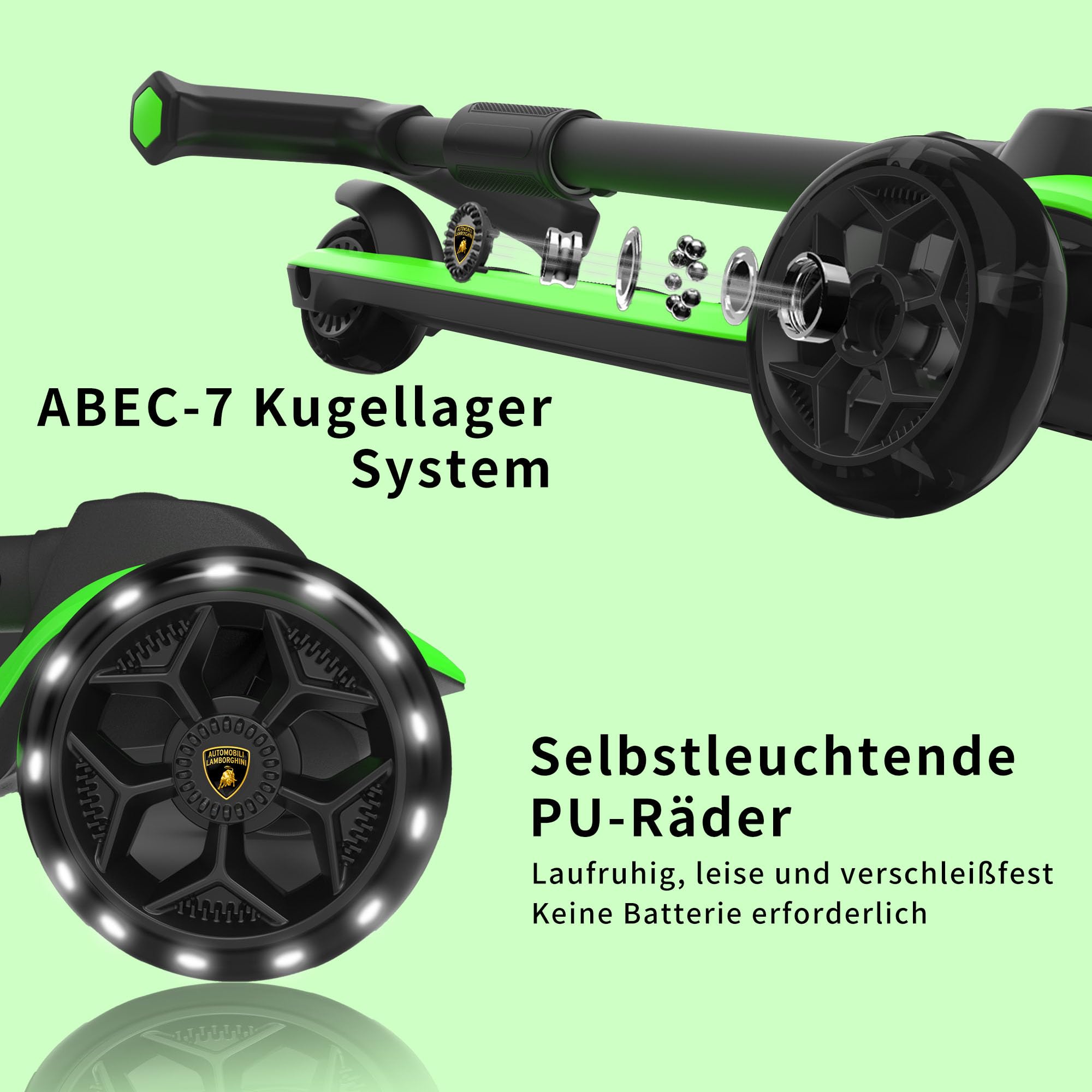 Lamborghini Kinder Roller Scooter ab 3 Jahren bis 50 kg - Tretroller mit 2 Lenkmodi, Leichter Aluminiumrahmen, PU-Leuchträdern, Hinterbremse, faltbar & höhenverstellbar