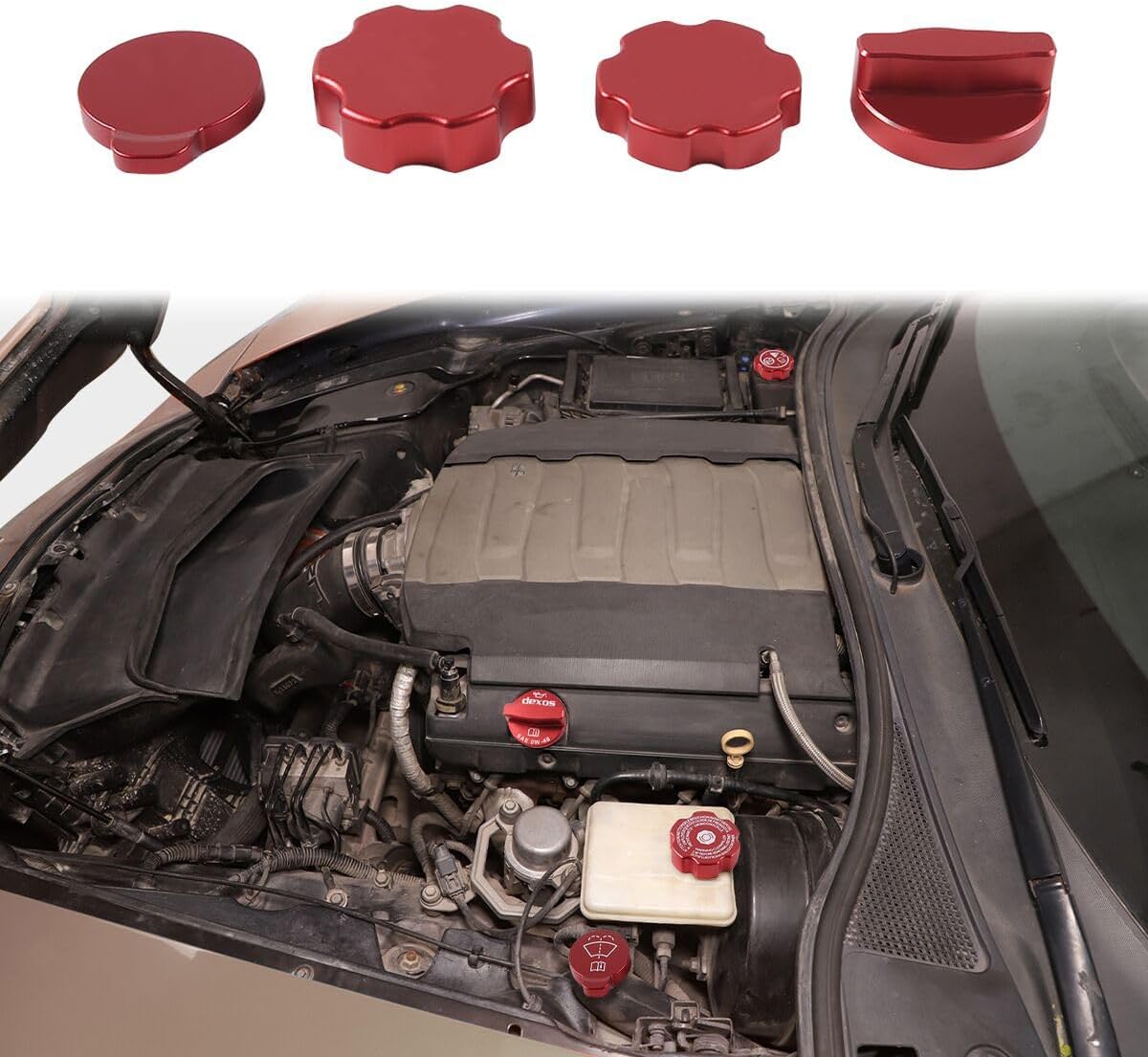 4Pcs Aluminium Alloy Engine Oil Cap Cover Decorative Heat Sink Trim For Chevrolet Corvette C7 2014-2019 Engine Oil Fuel Cap Windshield Washer Tank Cover Accessories (Red)