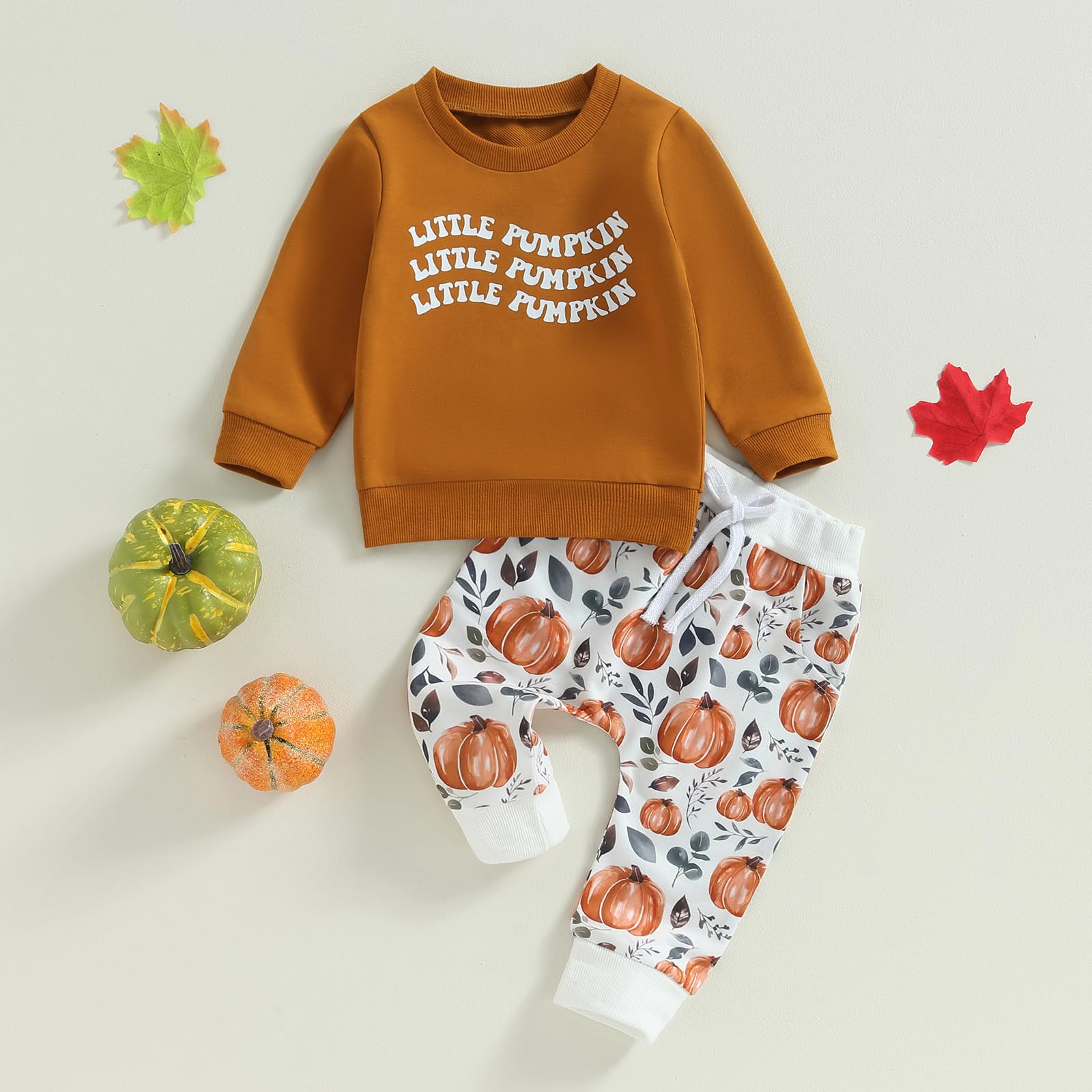 MAINESAKA Halloween Pumpkin Outfits Toddler Baby Boy Girl 2 Piece Sweatsuit Long Sleeve Crewneck Sweatshirt Pants Fall Sets (G-Brown,18-24 Months)