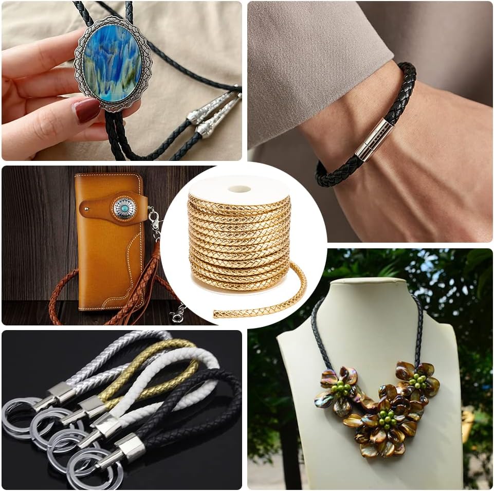 BENECREAT 16Yards Gold Round Braided Leather Cord, 7mm Wide PU Imitation Leather Beading Cord Rope for Jewelry Making, Necklaces, Bracelets, Wraps, Crafts