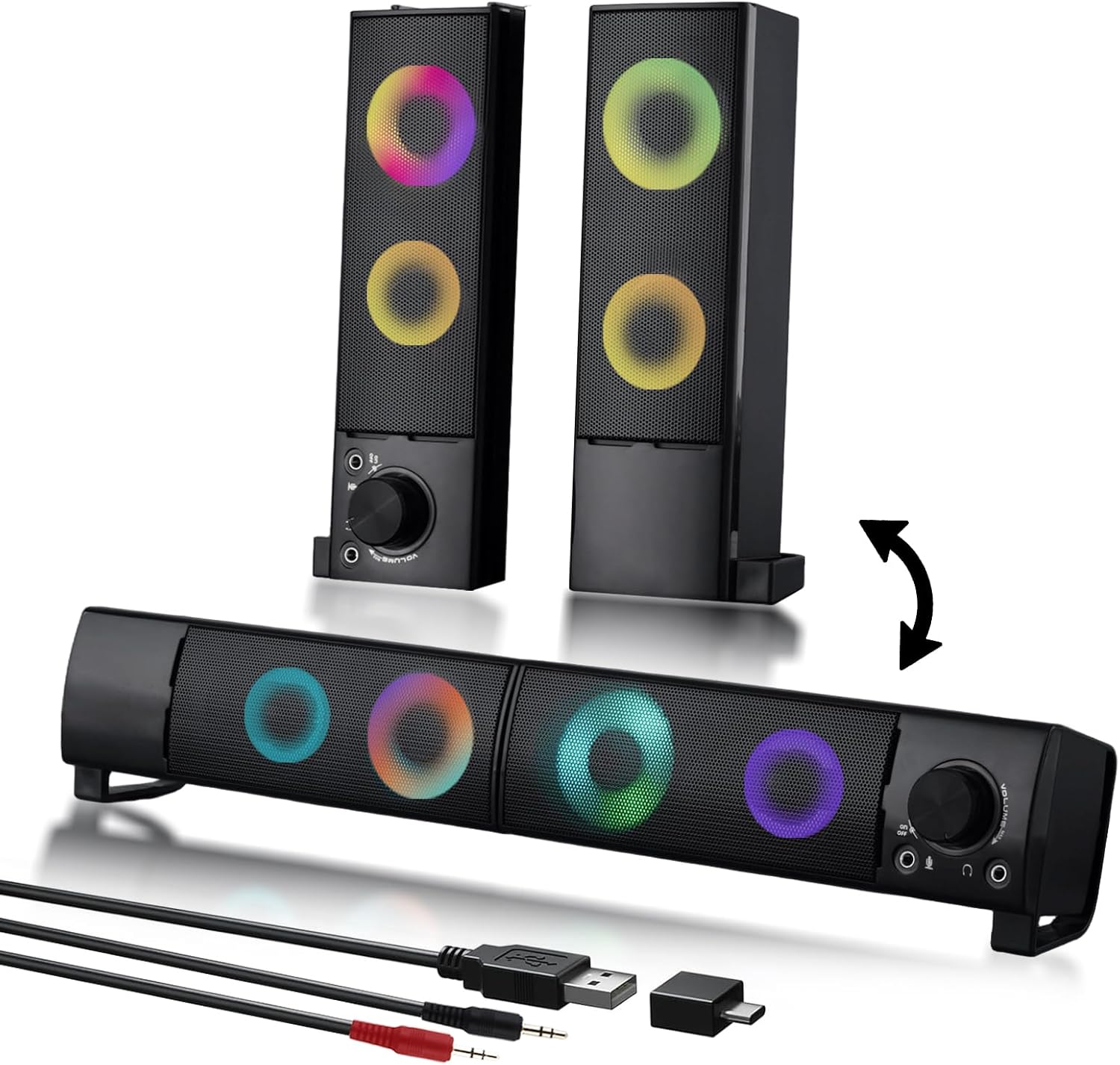 Wired Computer Speakers Designed for Desktop Devices USB Plug-and-Play Clear Sound with RGB Lighting Features Volume knob Ideal Gaming Speakers for Computers, laptops, Phones, and Tablets