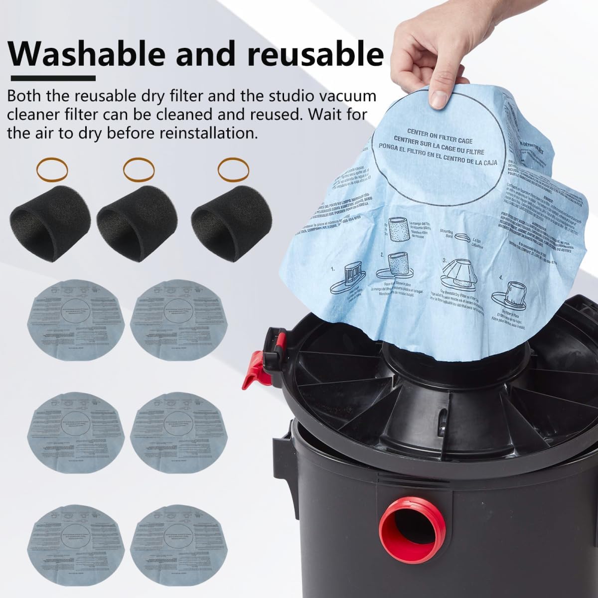 6x Filters 90107/90137 and 3x Foam Sleeve 90585 & 3x Retaining Bands for shop vac filter 2.5 gallon: 9303511 (model L250), 5890200(K250), 2036000(MACM-250), 90S200 model（12 Pieces)