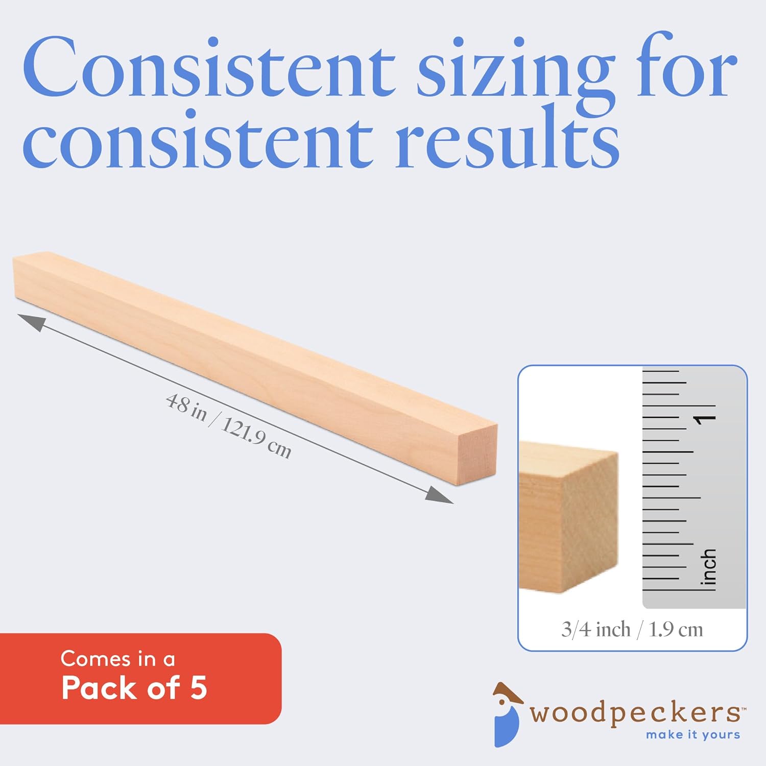 DIY Wooden Square Dowel Rod 3/4-inch x 48 Pack of 5 Hobby Wood Sticks for Crafts, Wood Trim & Architecture Model Making, by Woodpeckers