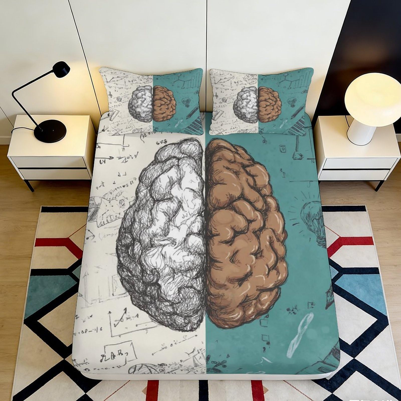 3D Printed Brain Anatomy Fitted Sheet Microfiber Artistic Sketch Mattress Cover for Bedroom Dorm Dustproof Decor 90x200x25cm