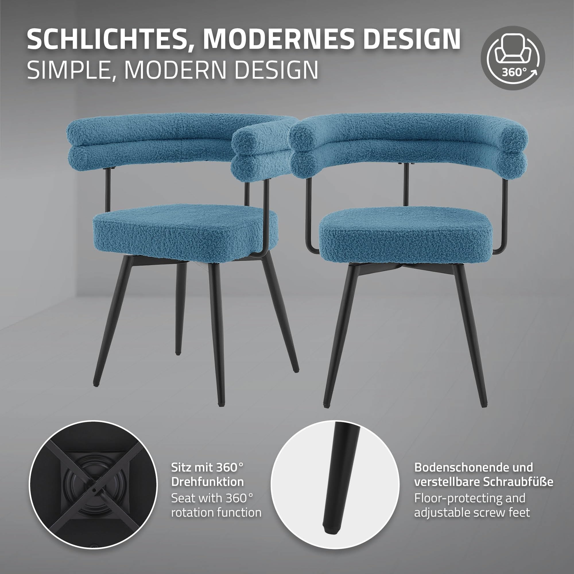 ML-Design Set di 4 Sedie da Sala da Pranzo Girevoli a 360° in Tessuto Teddy Blu, Poltrone da Soggiorno con Braccioli e Schienale Imbottito, Sedili Moderni Ergonomici con Gambe in Metallo per Ufficio
