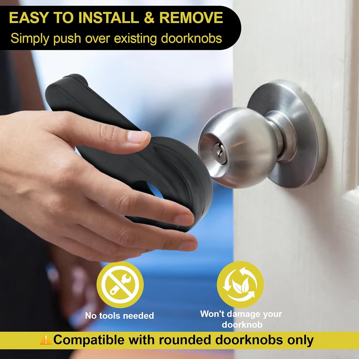 Door Knob Extension for Only with 2"-2.5" inch Ball-Shaped Doorknobs- Soft Black Rubber -Adaptive Door Turner & Handle Gripper 2-Pack