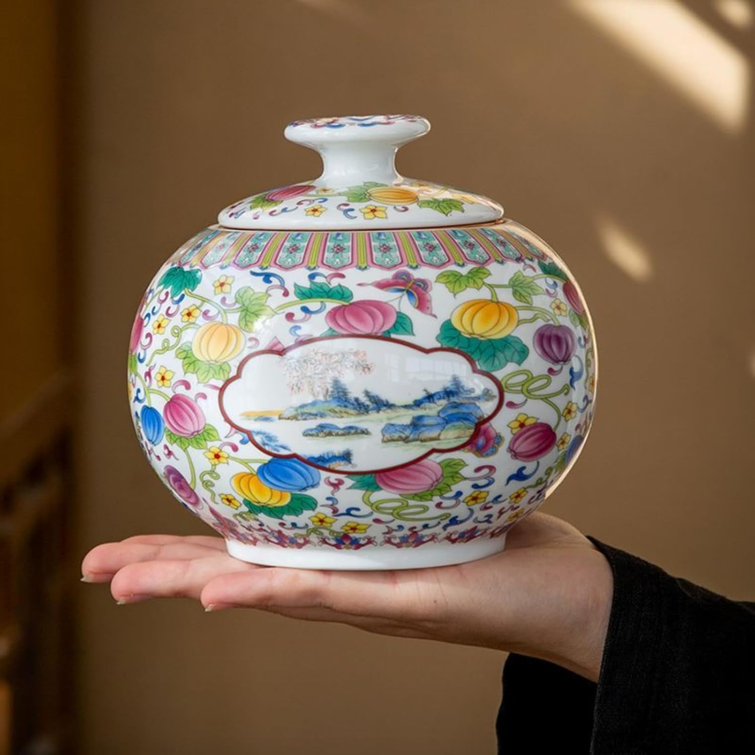 Enamel Colors Ceramics Tea Canister, 1000ml 33.8oz, Sealed Jar Chinese Style Household Ceramic Ornaments