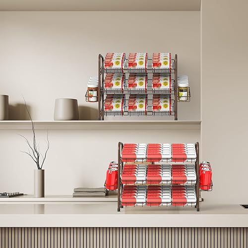 Miniatura 7 de CADUKE Paquete de 2 organizadores de latas para despensa, dispensador de almacenamiento de 3 niveles con cesta lateral, estantes de almacenamiento