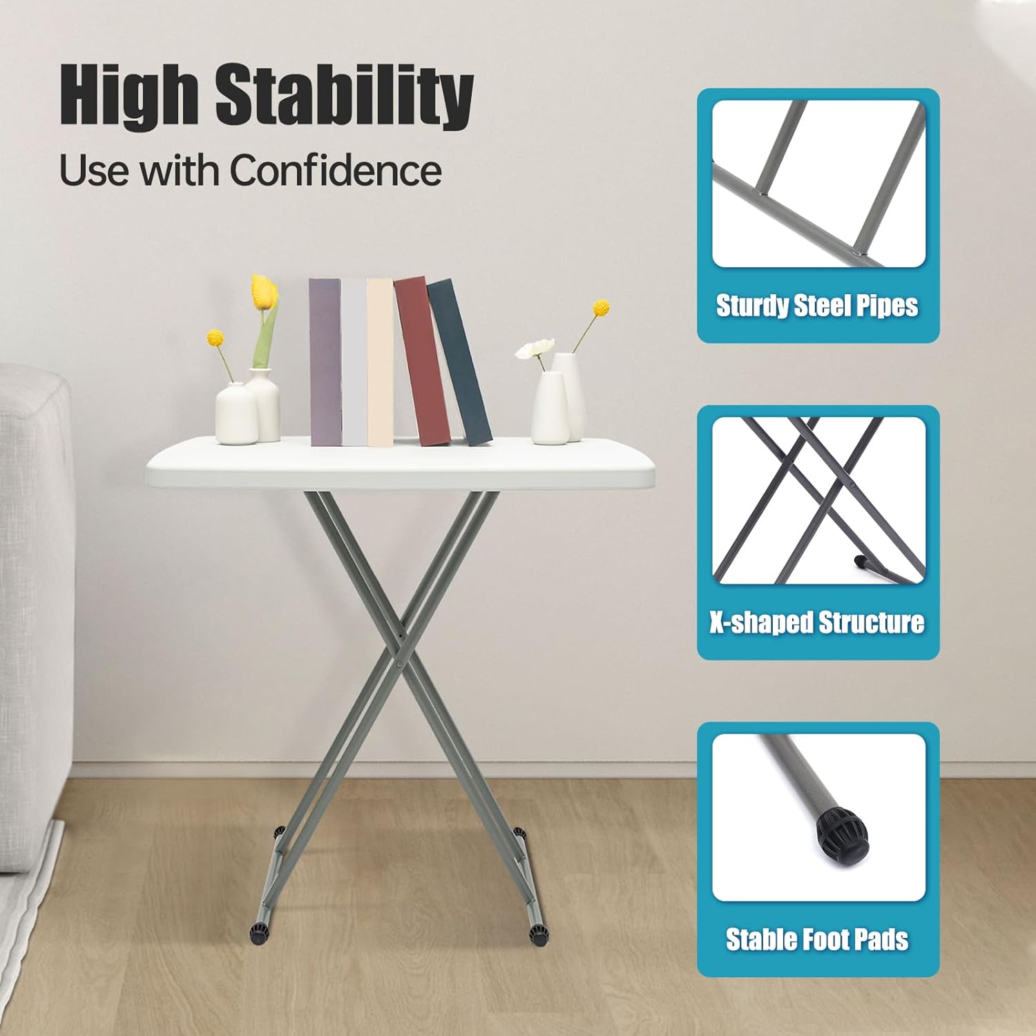 Adjustable Folding Table – 30" x 20" Foldable Desk with 3 Height Settings (18", 25", 29"), Lightweight Small Table for Camping, Outdoor, Indoor, Bedside Use, Portable White Granite Table